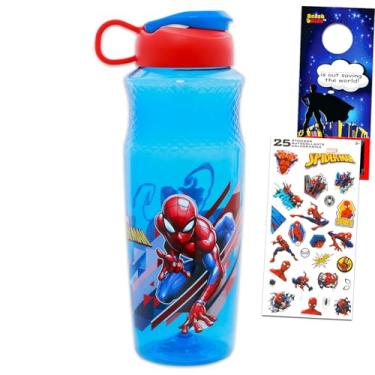 Imagem de Marvel Conjunto de material escolar de garrafa de água do Homem-Aranha com copo de 850 g, adesivos, mais | Garrafa de água do Homem-Aranha para crianças, meninos