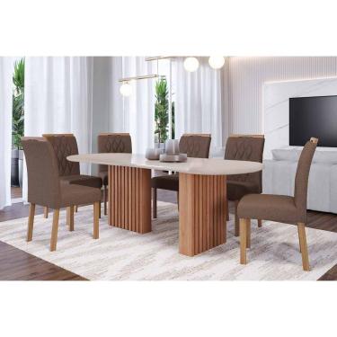 Imagem de Sala de Jantar Completa Ester Tampo Madeirado Oval c/ Vidro 210x100cm e 6 Cadeiras Juliana Cinamomo/Off White - Carvalho/Suede Joli Capuccino - Cimol