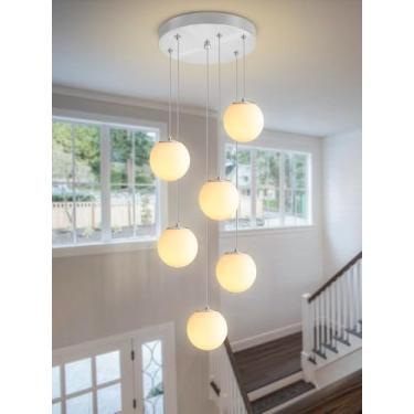 Imagem de H 221 cm Globo de luz pendente 6 luzes moderno lustre pendurado para cozinha ilha lustre globo prata leite branco vidro pendente iluminação para sala de estar quarto entrada