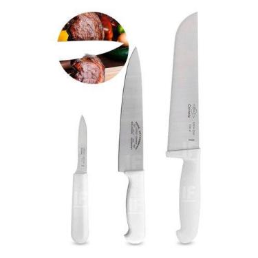 Imagem de Jogo De Facas Faqueiro Aço Inox 3 Peças Corneta, Branco