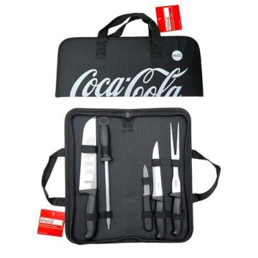Imagem de Jogo Churrasco Coca Cola Garfo Faca Afiador Maleta C/5 Peças - Hauskra