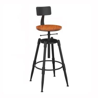 Imagem de Banco de bar de madeira de fácil montagem com encosto giratório para restaurante cadeira alta pés de ferro