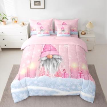 Imagem de Conjunto de cama queen de Natal rosa com 7 peças, cama anã de Natal, para decoração de quarto de meninos e meninas, conjunto de edredom com lençóis, fronhas e capa de almofada, respirável, microfibra
