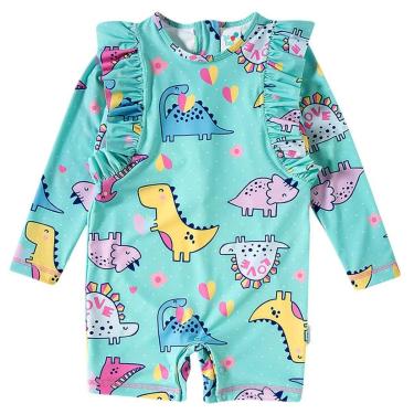Imagem de Macaquinho Praia Infantil Proteção UV Dinossaura Love Verde Água Tip Top-Feminino