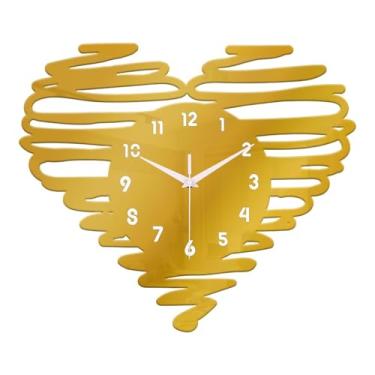 Imagem de KiBcsLic Relógio de parede em formato de coração, decoração para casa, números arábicos, moderno, silencioso, para hotel, loja, cozinha, fazenda, quarto, Ouro