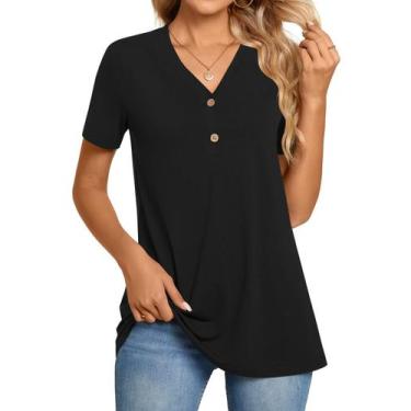 Imagem de Túnica BISHUIGE feminina Henley com botões e decote em V preta XXL