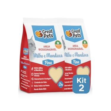 Imagem de Kit 2 Areias Biodegradáveis Great Pets Milho e Mandioca 2kg – Fina, Controle de Odor