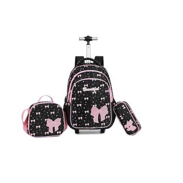 Imagem de kingdisen Wheels Mochila infantil com rodinhas para bagagem primária, mochila escolar com lancheira, conjunto de 3 peças, Laço preto, Large, Divertido e fofo