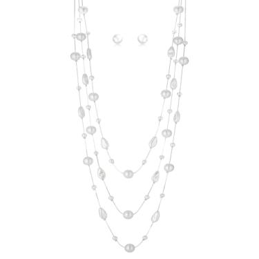 Imagem de Conjunto de colar e brinco de pérolas longas em camadas com contas de pérolas para mulheres, conjuntos de bijuterias brancas presentes para mãe, Pérola sintética, Sem Pedra Preciosa