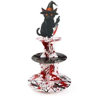 Imagem de Suporte para Bolo de Halloween, Torre de Cupcake Gato Preto 3 Andares Suporte Sobremesa Papelão para Festa Halloween Tema Gato Tema Bruxa Aniversário Chá Bebê