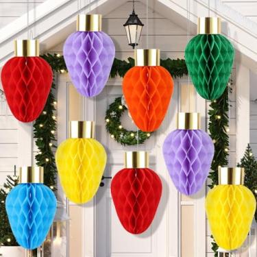 Imagem de 12 peças de lâmpadas de Natal 3D penduradas em favo de mel para decoração de natal de papel de natal conjunto de guirlanda de natal arco-íris para decoração de festa de árvore em casa (lâmpada de