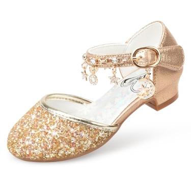 Imagem de Stelle Sapatos sociais Mary Jane para meninas, salto baixo, laço envernizado com glitter, festa de casamento, florista, escola (bebês/crianças grandes), Ouro brilhante, 21