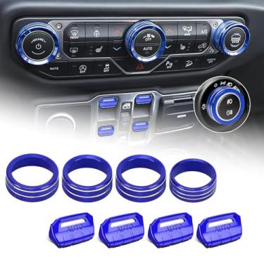 Imagem de YOMIRACING Capas de botão de controle de metal azul, compatíveis com Jeep Wrangler JL/JLU 2018-2025 e acessórios Gladiator JT - protetores de botão de janela/CA/rádio (8 peças, azul)