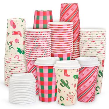 Imagem de Whaline Xícaras de café descartáveis de Natal Xícaras de papel xadrez rosa búfalo ocidental com tampas 473.6 g To Go xícara de café para festas de fim de ano café bebidas quentes e frias, 48 peças
