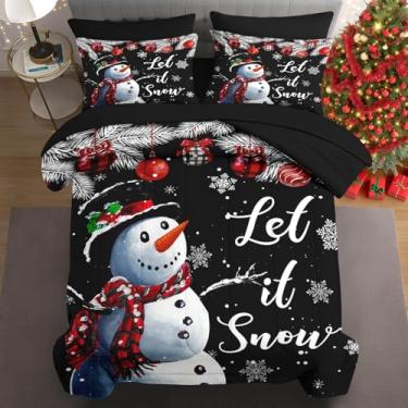 Imagem de WeCozy Conjunto de edredom de Natal King Size com 2 fronhas e 2 fronhas, preto engraçado boneco de neve para crianças e adultos, linda cama com cenário de neve em uma bolsa com lençol de cima