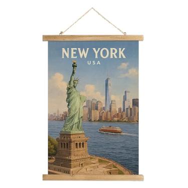 Imagem de WREVERW Pôster vintage de arte de parede de Nova York, tela para pendurar paisagem urbana estátua da liberdade com moldura de rolagem de madeira, decoração de viagem para sala de estar, quarto
