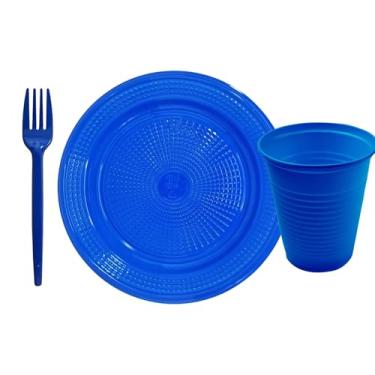 Imagem de Kit 300 Peças Descartáveis para Festa com 100 Copos 200ml + 100 Pratos 15cm + 100 Garfos 12cm | Ideal para Eventos, Aniversários, Churrascos e Refeições Coletivas (Azul Escuro)