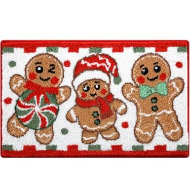 Imagem de Tapete de banho de gengibre de Natal 50 x 81 cm, tapete de banheiro macio e absorvente de inverno com tufos de bengala doce, antiderrapante, lavável, tapete para decoração de banheiro de Natal