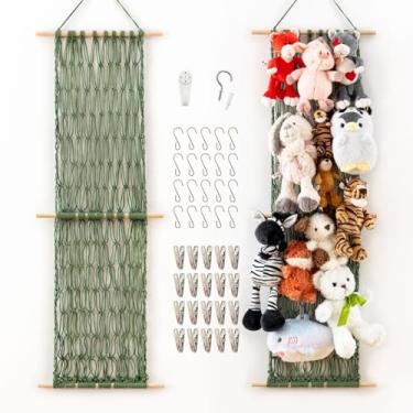 Imagem de Pretty Jolly Rede de armazenamento suspensa de algodão de 119 cm para animais de pelúcia com 20 clipes de metal, organizador de exibição de pelúcia para quarto de criança, suporte de parede para