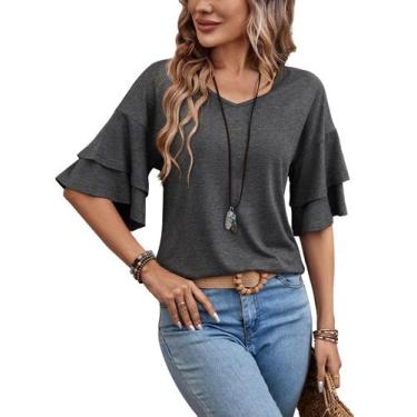 Imagem de Blusa Sialois de manga 3/4 com babados com decote em V feminina cinza 