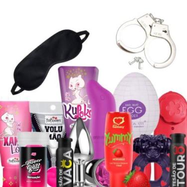 Imagem de Kit Sensual Segredo da Lua de Mel, 15 Itens, com Plug Anal, Anel Peniano, Vibrador, Bullet, Egg, Lubrificante, Algema e Acessórios