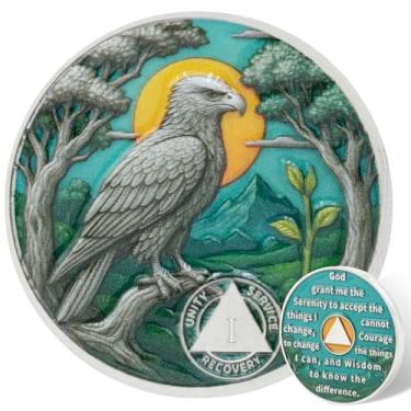 Imagem de Leafence Moeda Águia AA Sobriedade Alcoólicos Anônimos Recovery Coin Serenity Prayer AA Chips and Medalhões Sober Token Sobriety Recovery Coins Gifts (Moeda Sobriedade Águia Voando, 1 Ano)