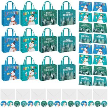 Imagem de TecUnite Pacote com 12 sacos de presente para o Natal com cartões comemorativos, envelopes, adesivos de 30,5 cm, sacolas de Natal, reutilizáveis, não tecidas, com alças para embrulhar presentes de