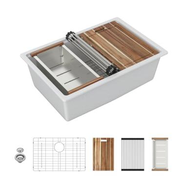 Imagem de Sarlai Pia de cozinha composta de granito 28 – 71 x 48 cm de granito embaixo da pia da cozinha estação de trabalho sob montagem sob a montagem de quartzo branco clássico pia única bacia sob bancada