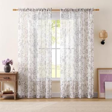 Imagem de Cortinas florais cinza 222 cm de comprimento, 2 painéis para sala de estar, vintage, quinta, campo, cinza, flores, cortinas transparentes para quarto, filtro de luz, bolso para varão, cortinas de
