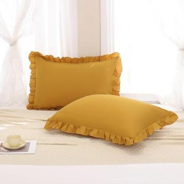 Imagem de Merryword Fronhas de travesseiro amarelo mostarda padrão 50,8 x 66 cm conjunto de 2 fronhas de travesseiro com babados lindas fronhas amarelas lisas chiques