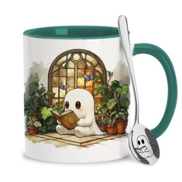 Imagem de Caneca de café de cerâmica Hyturtle de 11 onças com colher, Ghost Book