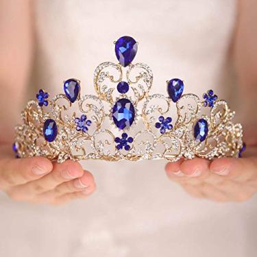 Imagem de fxmimior Tiara vintage com cristais vermelhos azuis e strass coroa para mulheres, coroa de noiva, casamento, aniversário, formatura, rainha, concurso, acessórios de cabelo (azul)