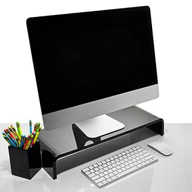 Imagem de Suporte de monitor de acrílico com suporte de caneta combinando, elevação de monitor de acrílico transparente de 12 mm de espessura, suporte para laptop para casa, escritório e trabalho. Elevador de mesa de computador com armazenamento de teclado para tela de TV LED LCD (preto)
