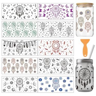 Imagem de arricraft 10 folhas tema apanhador de sonhos UV DTF copo envoltório para vidro de 473 g, lua sol estrelas plantas flores padrão esfregar em decalques adesivos de transferência de PVC para copos DIY