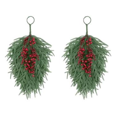 Imagem de U'Artlines 2 peças de gota de Natal para porta da frente, 63 cm de vegetação artificial, gota, inverno, gota, Natal, Norfolk, agulhas de pinheiro com frutas vermelhas para decoração de parede de