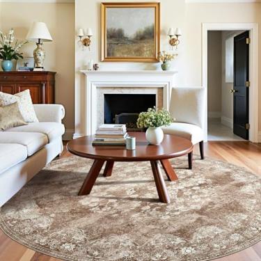 Imagem de jinchan Tapete redondo de 2,4 m - Tapete marrom vintage cozinha interna - Círculo lavável 2,5 m fino estampa floral tapete retrô fazenda antiderrapante sala de jantar sala de estar quarto escritório