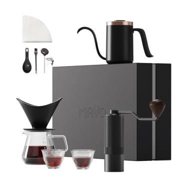 Imagem de MAVO Conjunto de cafeteira, caixa 12 em 1, moedor de café manual, chaleira, servidores de vidro, xícara de café, gotejador de cerâmica com bandeja, filtro de papel, preto