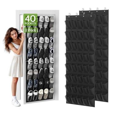 Imagem de Unjumbly Pacote com 2 organizadores de sapatos sobre a porta com 40 bolsos grandes de malha respirável cada, suporte para pendurar para entrada, quarto, armário (preto)