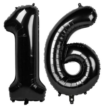 Imagem de Balão preto número 16, 101 cm, decorações de festa de aniversário de 16 anos para crianças, balão gigante de 16 folhas para artigos de festa