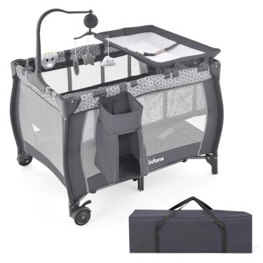 Imagem de Berço Cercado Portátil 3 em 1 Dobrável com Colchão Removível, Trocador, Móbile, Bolsa de Transporte e 2 Rodas, INFANS, Cinza
