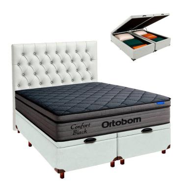 Imagem de Baú Branco + Cabeceira + Colchão King Confort Black Ortobom