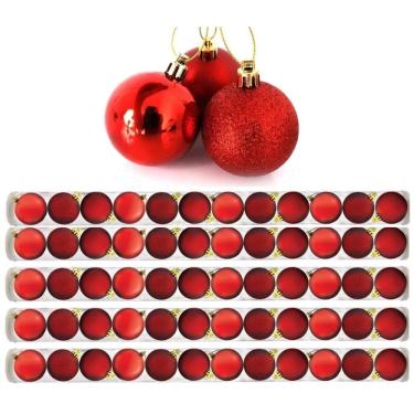Imagem de Kit 60 Bolas De Natal Mista Fosca, Lisa E Glitter Vermelha 5cm - Master Christmas