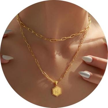 Imagem de Colar personalizado com pingente de letra A-Z, design hexagonal de corrente de camada dupla, joia minimalista de aço inoxidável para mulheres, F, Aço inoxidável, Sem Pedra Preciosa