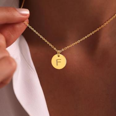 Imagem de Colar feminino com inicial de ouro, banhado a ouro 14K, feito à mão, com pingente de moeda, joia, Medium, Latão, Sem Pedra Preciosa