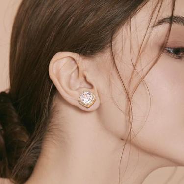 Imagem de Brincos de auréola banhados a ouro 14 K, prata esterlina 925, zircônia cúbica, quadrado, falso, diamante, halo, brincos para mulheres e homens, 10MM, Cobre, Sem pedra preciosa