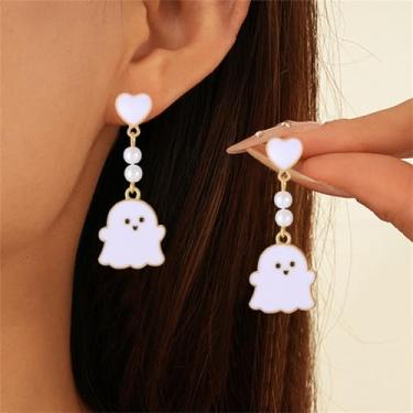 Imagem de Brincos de coração com pérolas de fantasma fofo para mulheres, criativos, engraçados, fantasmas, Halloween, cosplay, festa, bijuteria, Middle, Liga de aço, Sem pedra preciosa