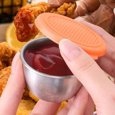 Imagem de Copos de molho de salada de aço inoxidável de 68 g com tampas à prova de vazamento, recipientes de molho reutilizáveis para lancheira, viagem, piqueniques e armazenamento de cozinha (laranja, 6 x 6 x