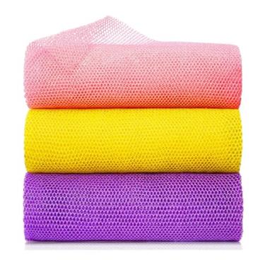 Imagem de 3 peças de esponja de banho, pano de rede longa esfoliante, esfregão corporal de chuveiro, amarelo, rosa, roxo