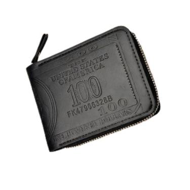 Imagem de Carteira masculina estilo europeu e americano com zíper curto estampado padrão dólar zíper dobrável porta-cartão de crédito de couro, Preto, Carteira com zíper