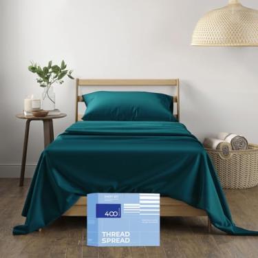 Imagem de THREAD SPREAD Lençóis de cama solteiro 100% algodão, 400 fios, conjunto de 3 peças (azul-petróleo), luxuoso, macio, respirável, refrescante, lençol de cama com bolso profundo de 40,6 cm para